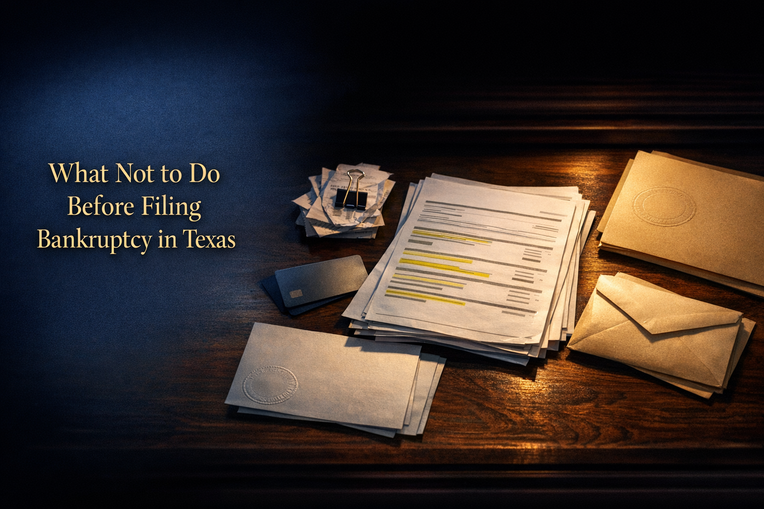 A stack of documents, envelopes, a credit card, and paper clips on a wooden desk with the text "What Not to Do Before Filing Bankruptcy in Texas" displayed.