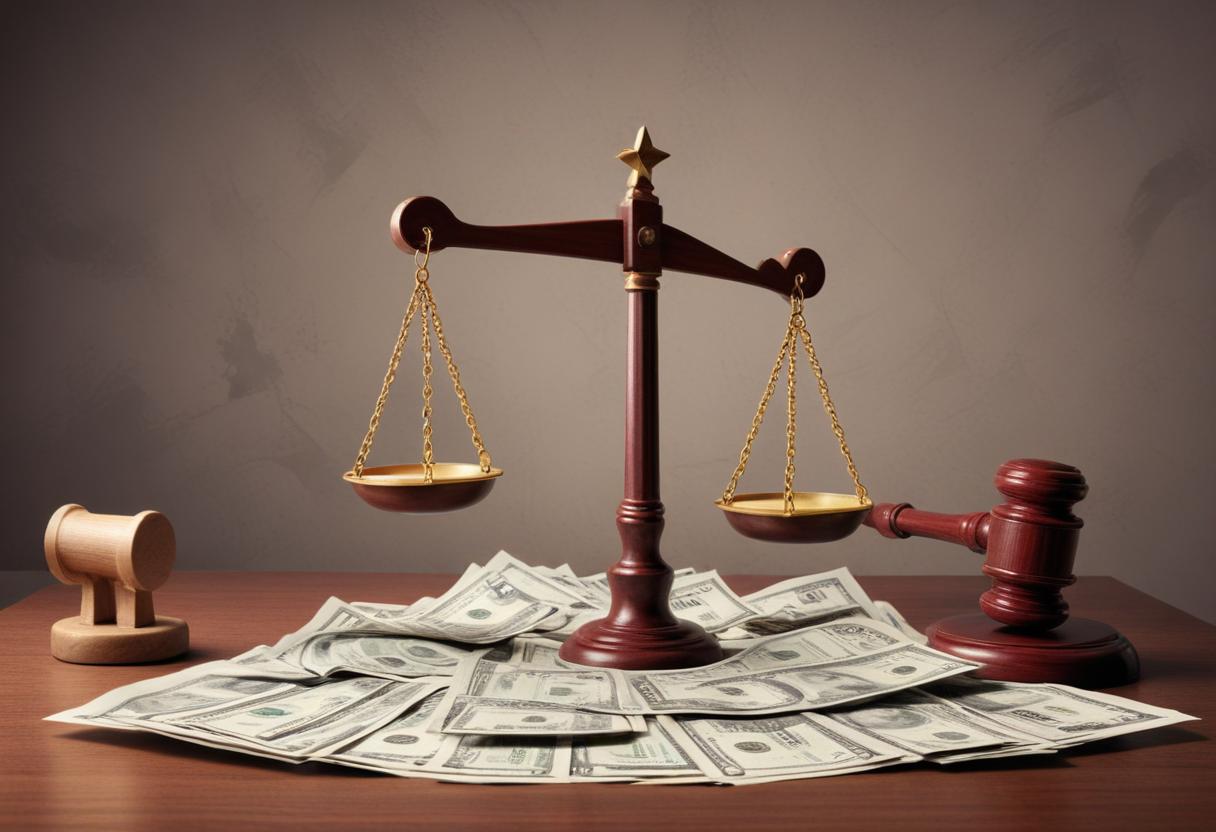 Scales of justice on top of money, with a gavel on a sound block to the right of it