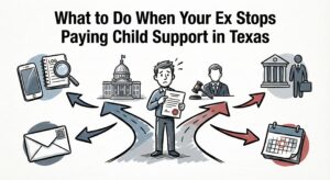 A hand-drawn sketch illustration in muted colors showing a worried man holding a document at a crossroads. Arrows connect him to surrounding icons representing legal steps: a phone and logbook for documentation, an envelope for contact, a lawyer and government building for enforcement paths, and a calendar with a circled date indicating deadlines. The title "What to Do When Your Ex Stops Paying Child Support in Texas" is bold at the top.