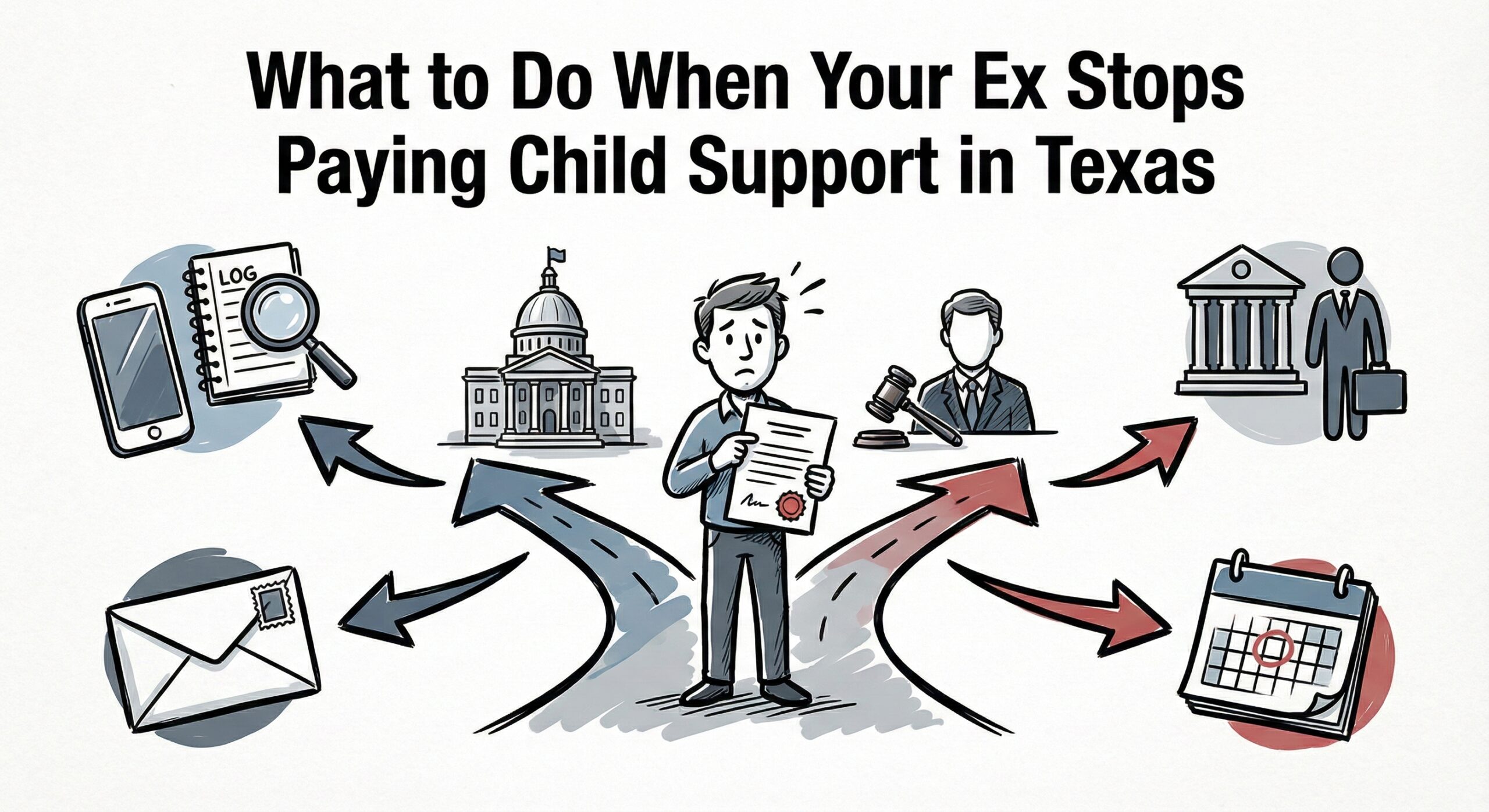 A hand-drawn sketch illustration in muted colors showing a worried man holding a document at a crossroads. Arrows connect him to surrounding icons representing legal steps: a phone and logbook for documentation, an envelope for contact, a lawyer and government building for enforcement paths, and a calendar with a circled date indicating deadlines. The title "What to Do When Your Ex Stops Paying Child Support in Texas" is bold at the top.