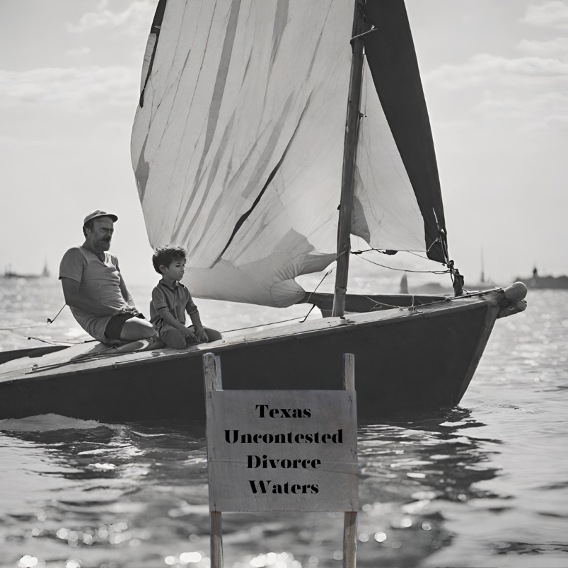 A man and a child on a sailboat with a sign in Texas.