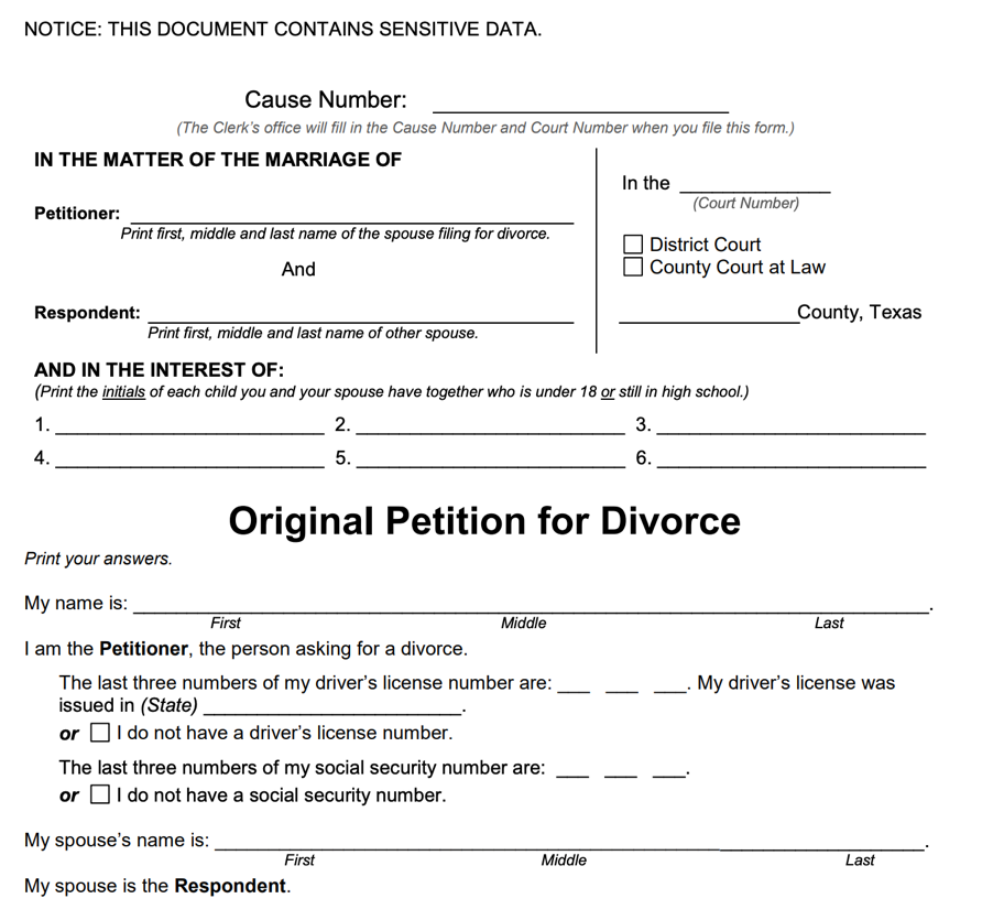 Original petition for uncontested divorce in Texas with child.