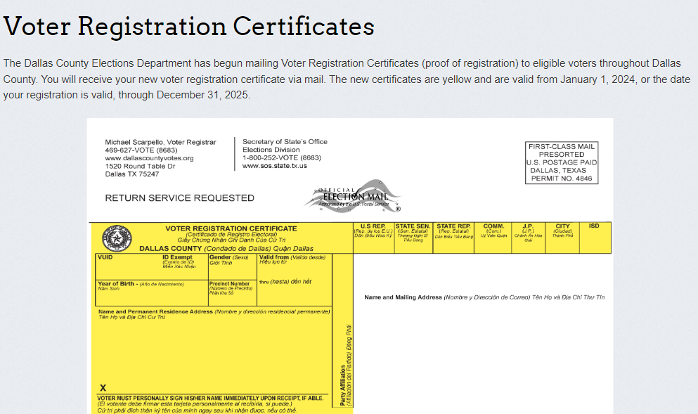 The image shows a notification from the Dallas County Elections Department stating that new voter registration certificates are being mailed, with old certificates expiring on December 31, and new ones valid from January 1.