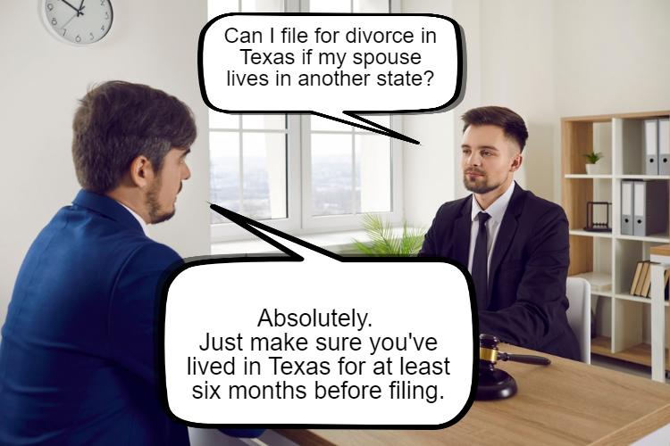 Two men in a professional setting are discussing the legal requirements and whether you can file for divorce in another state aside from Texas.