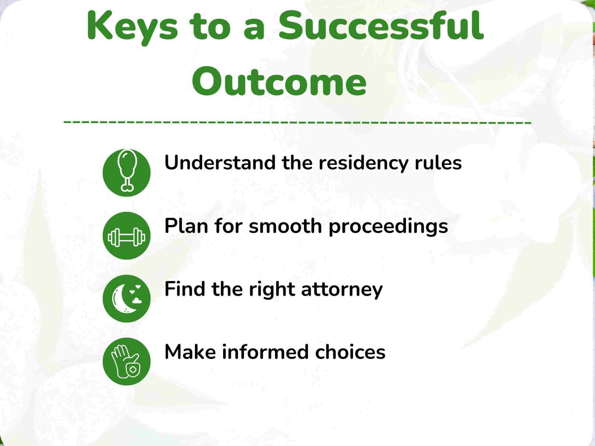 A slide with a green and white color scheme titled 'Keys to a Successful Outcome' lists four bullet points: 1) Understand the residency rules - can you file for divorce in another state? 