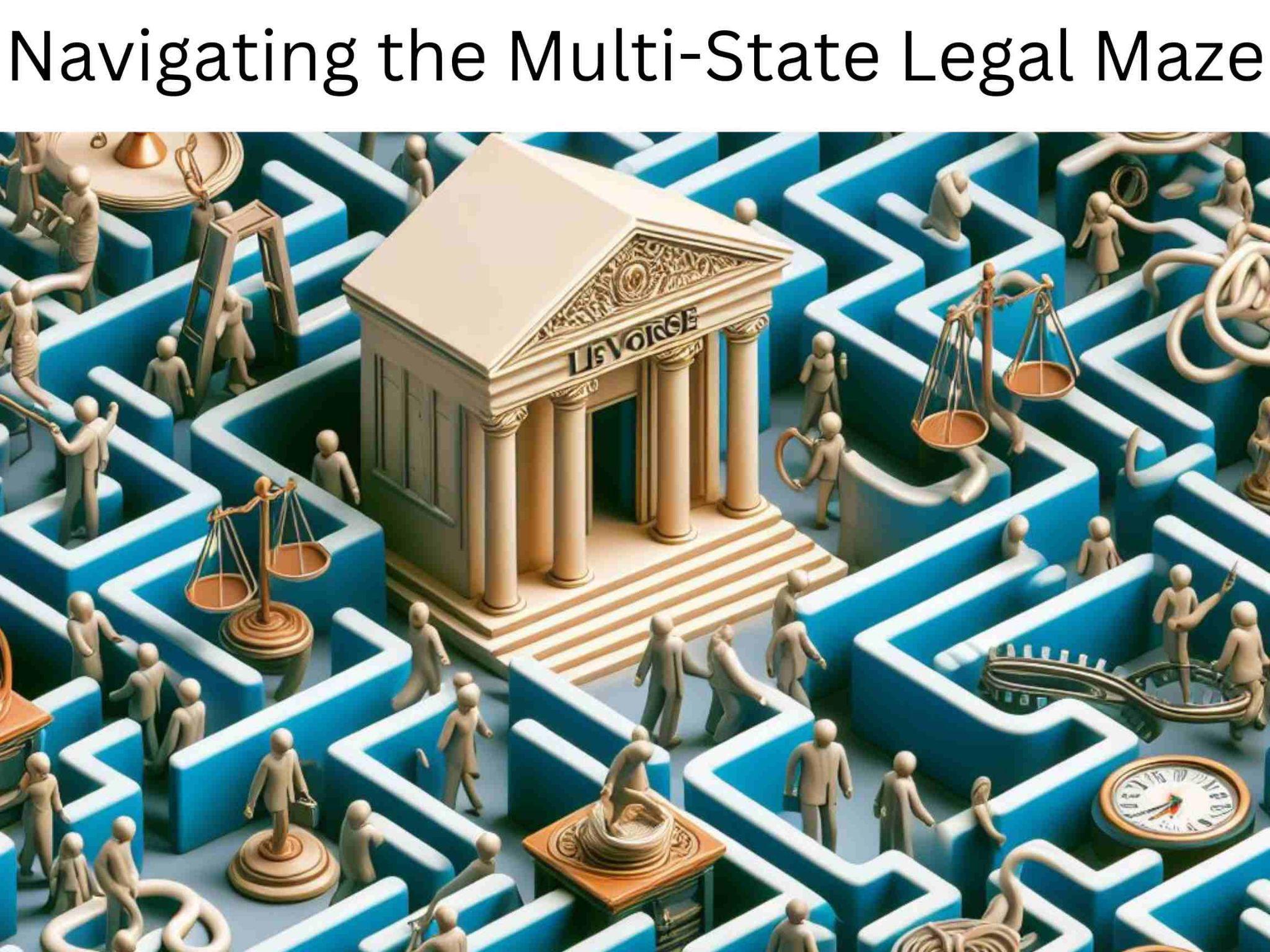 An illustration representing the complexities of multi-state legal systems, depicted as a labyrinth with legal symbols and figurines.