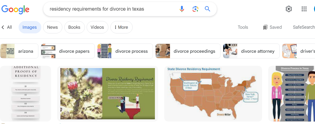A screenshot of a Google search results page for "can you file for divorce in another state," displaying various tabs such as all, images, news, books, videos, and more, with images of