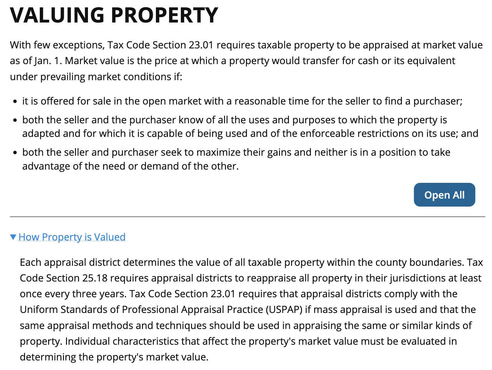 A screenshot of a digital document or web page displaying information about how property is valued for tax purposes, with a section on determining market value opened for detailed explanation