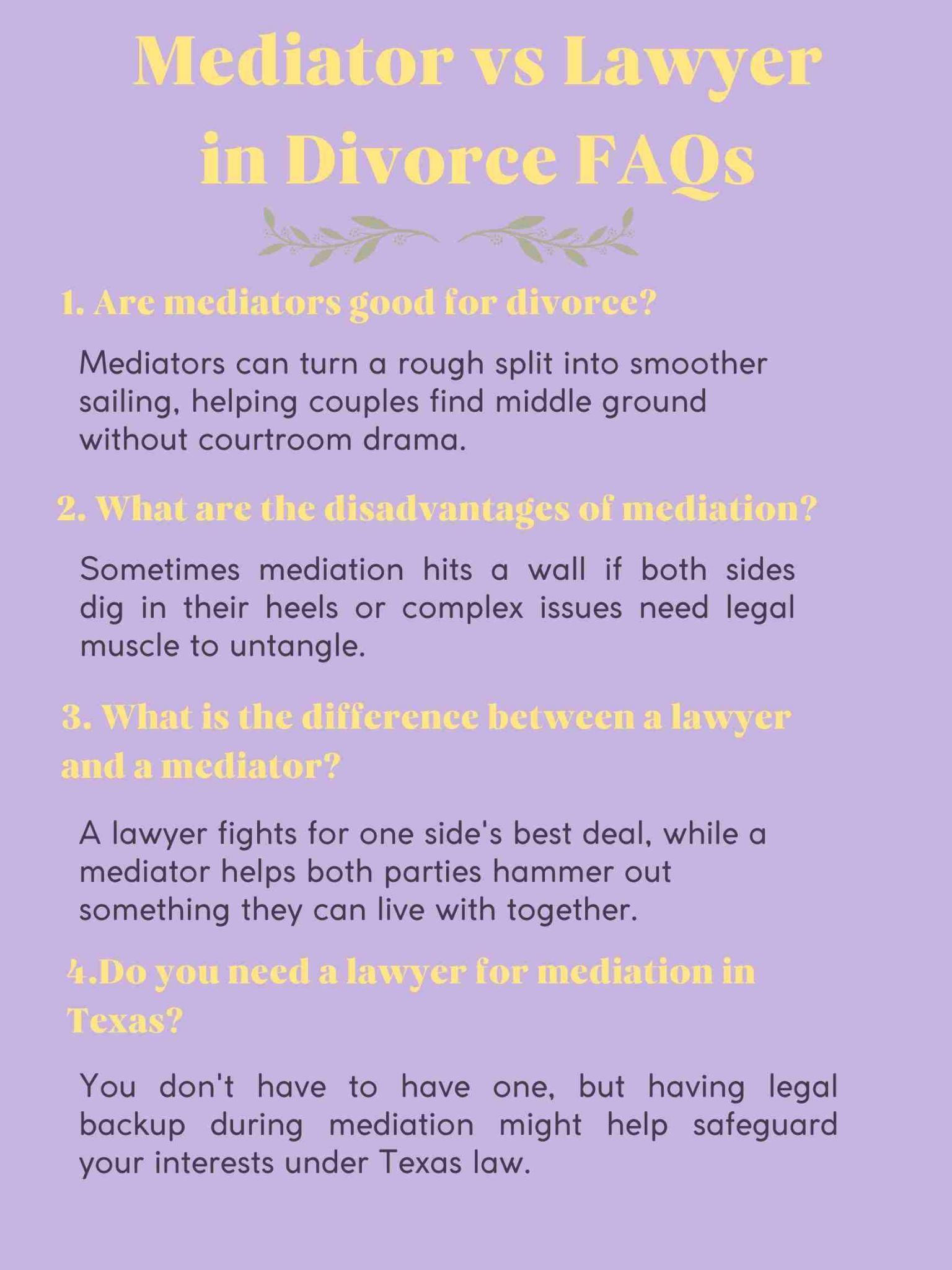 A mediator and lawyer discussing divorce on a purple background.