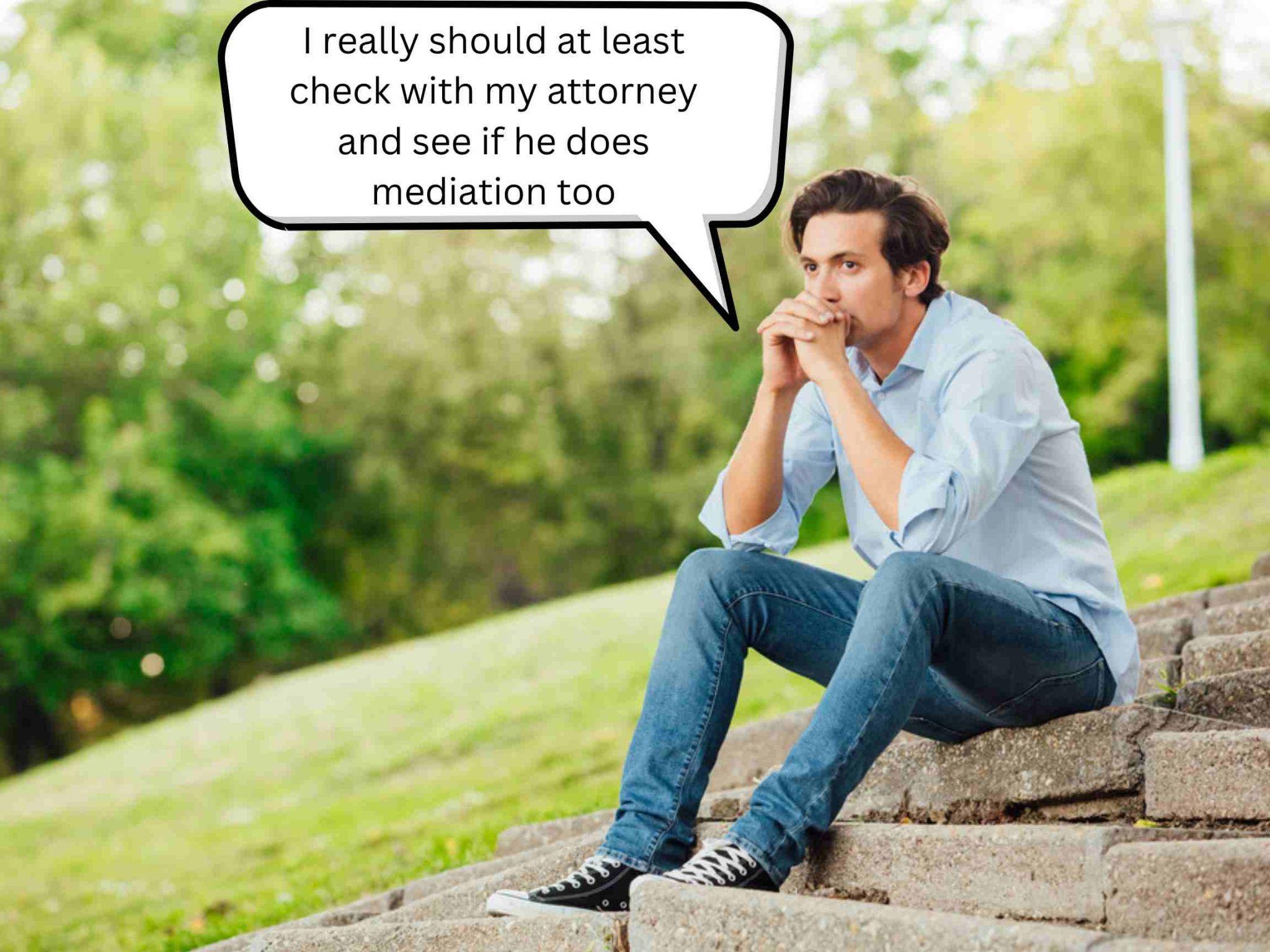 A man sitting on steps with a speech bubble that says really should at test check my mediator and check himself does medication.