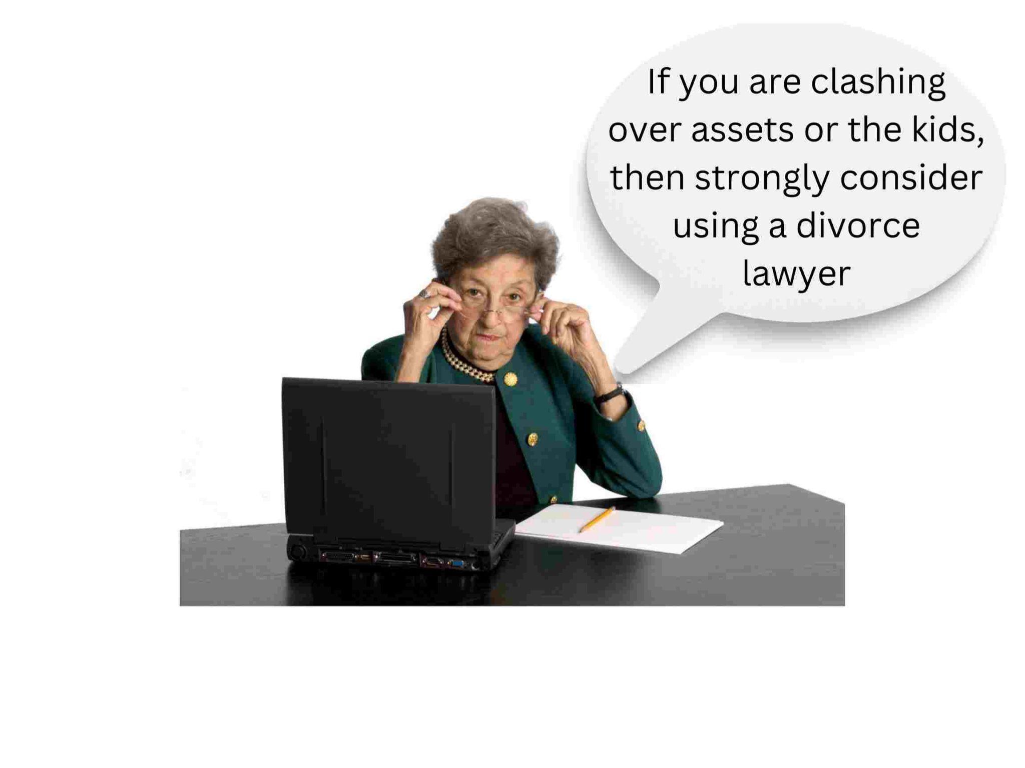 Lady at desk with a text bubble stating If you are chasing over the kids then strongly consider using a mediator or divorce lawyer.