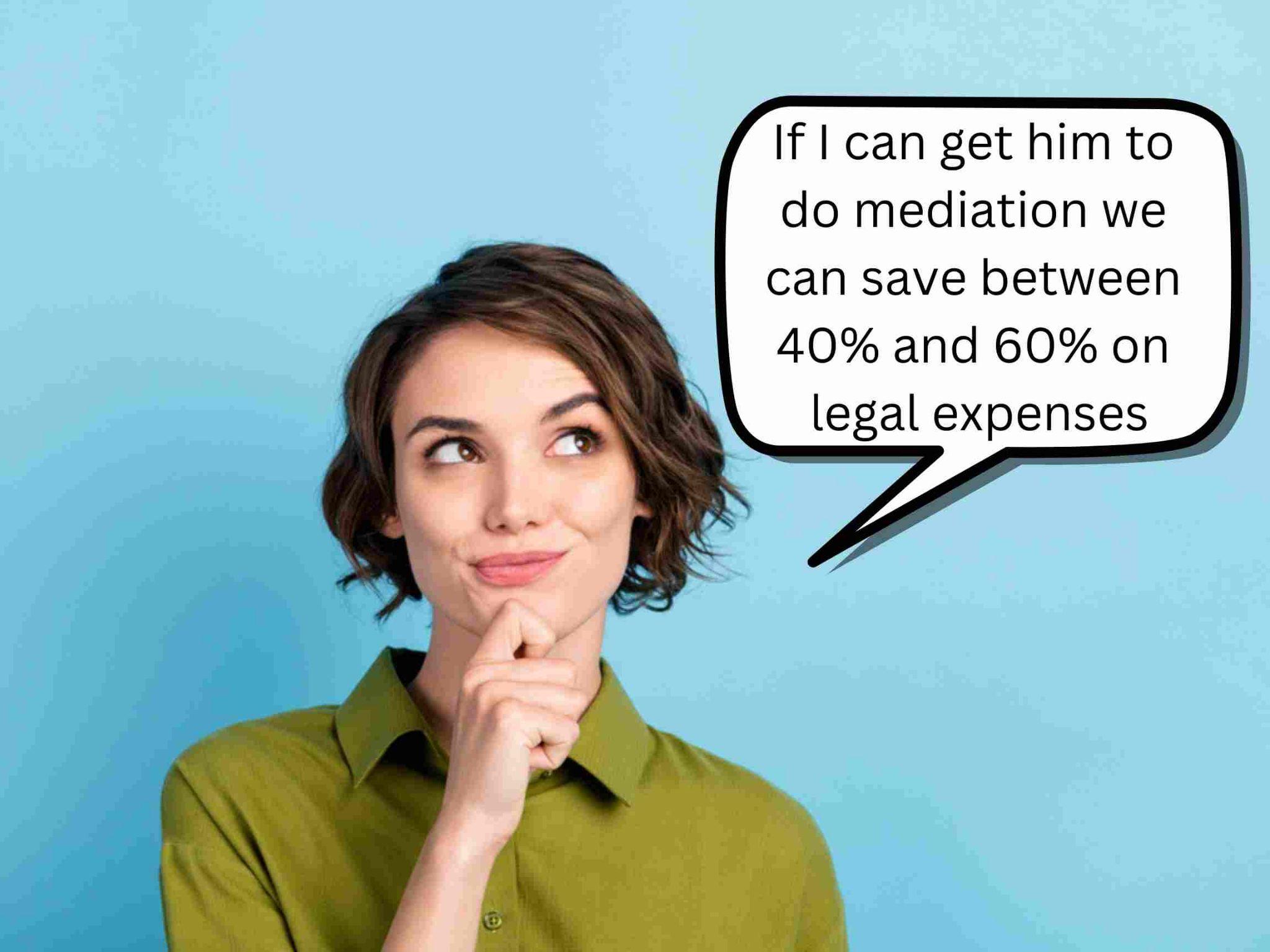 A woman getting divorced with her hand on her chin thinking about mediation. 