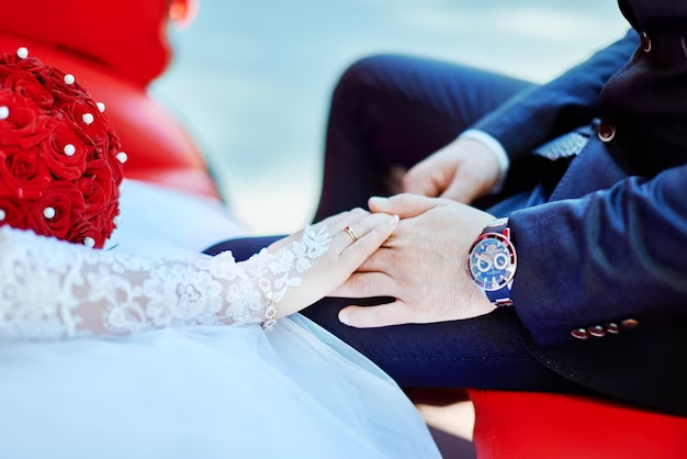 Newlyweds holding hands during 