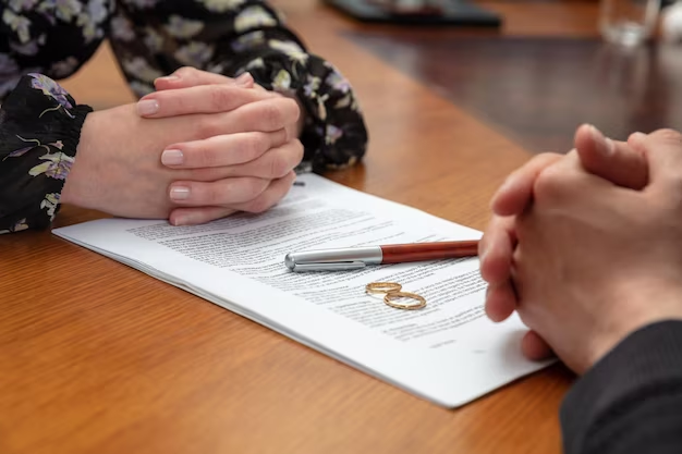 Two individuals at a table with a document and a pair of wedding rings,