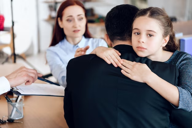 A young girl embracing a man with a concerned woman in the background