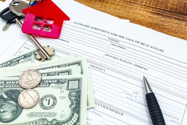 Real estate contract with a pen, house keys, a red house-shaped keychain symbolizing divorce, and US currency on a wooden table in Texas.
