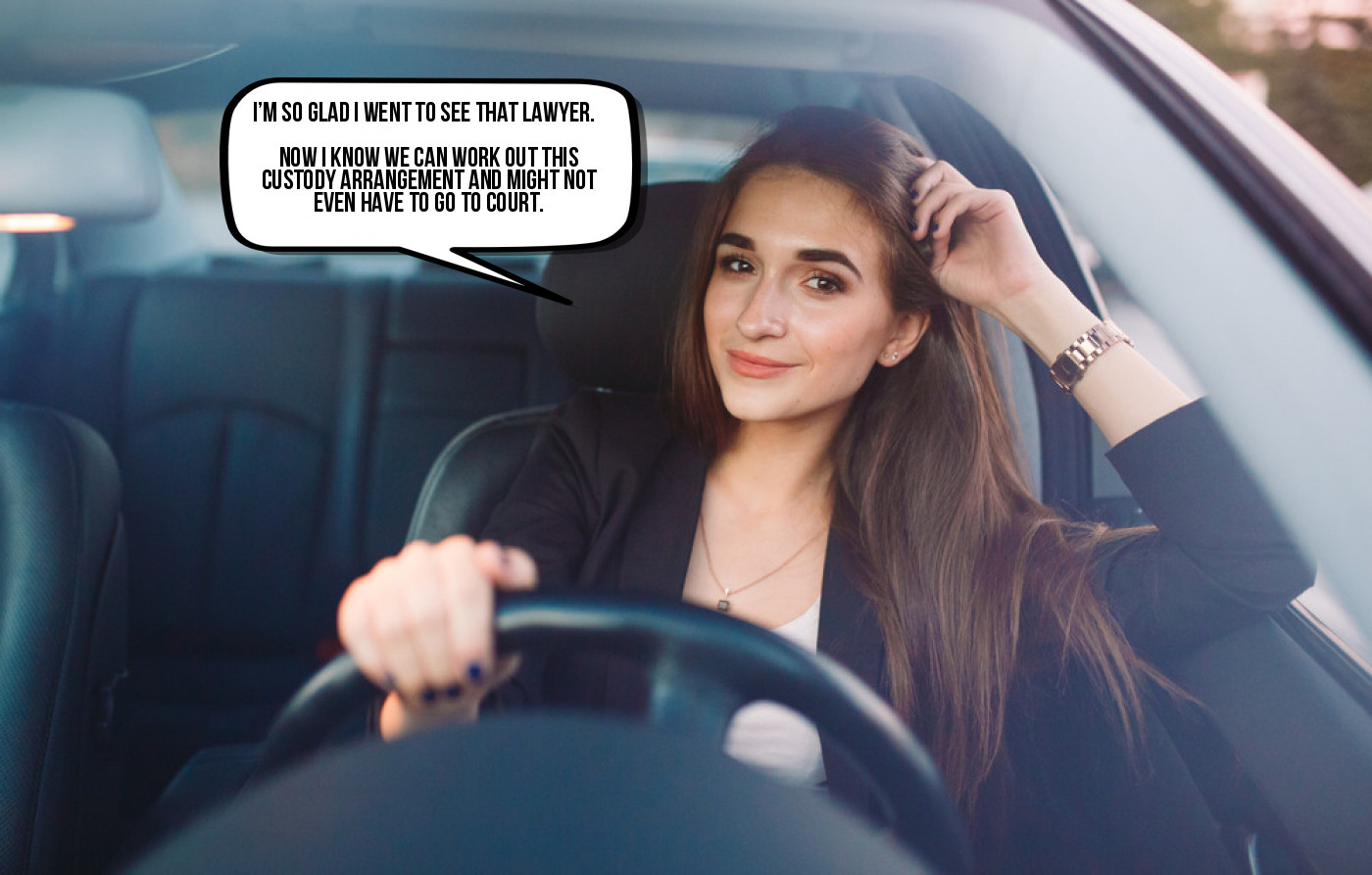 A confident woman driver smiles while resting her hand on her head, contemplating a successful legal consultation regarding joint custody in Texas.