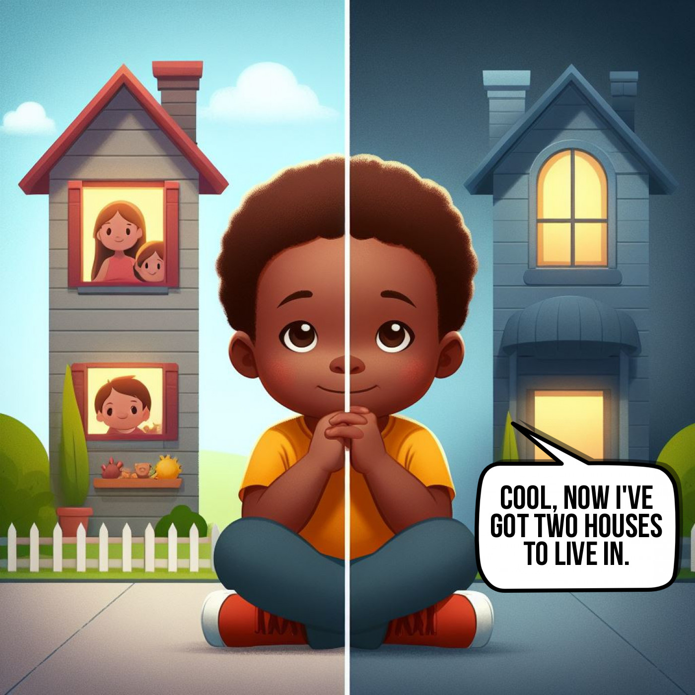 A split-image illustration showing a boy sitting outside a house that is divided in two, with one side in daylight and the other in night-time, along with a speech bubble stating, "Cool, now