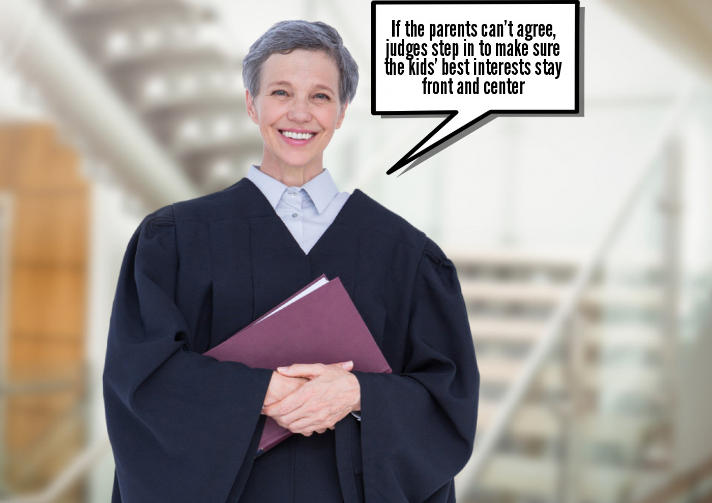 A smiling judge holding a folder with a speech bubble
