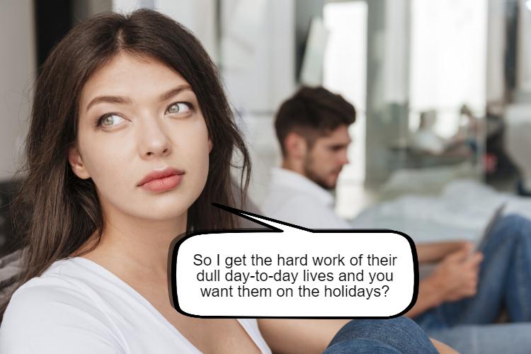 A woman appears exasperated or in thought while a man sits in the background, with a speech bubble indicating a conversation about child custody arrangements
