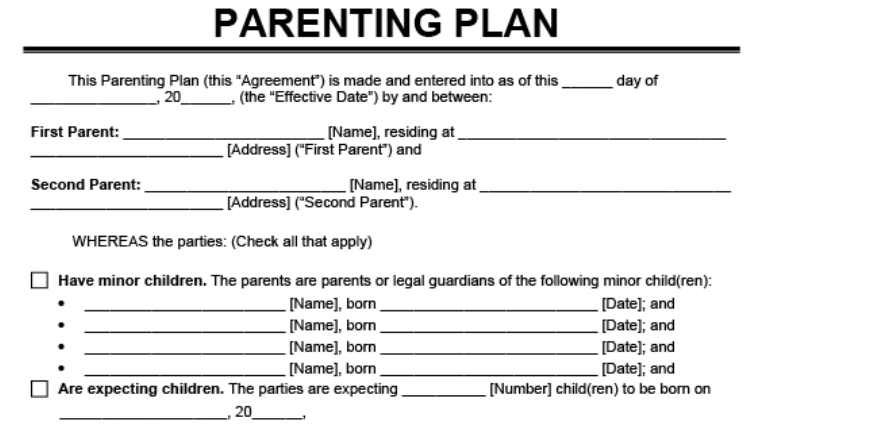Blank parenting plan document with fields for personal details, addresses, information regarding minor children