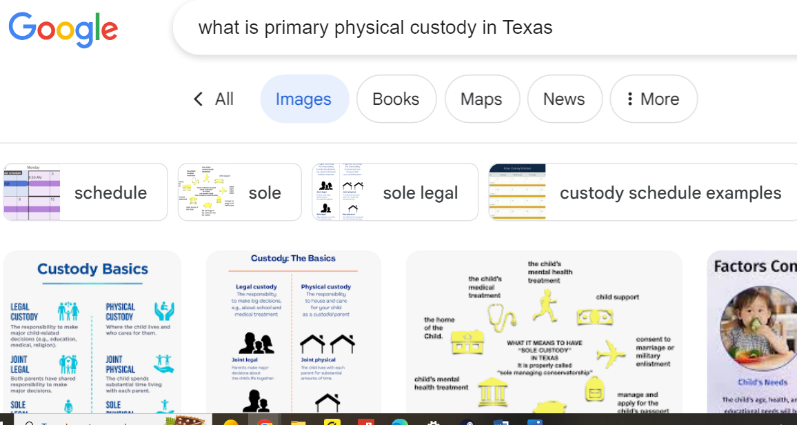 Screenshot of a Google search results page for "what is primary physical custody" with various related images and tabs for different search categories.