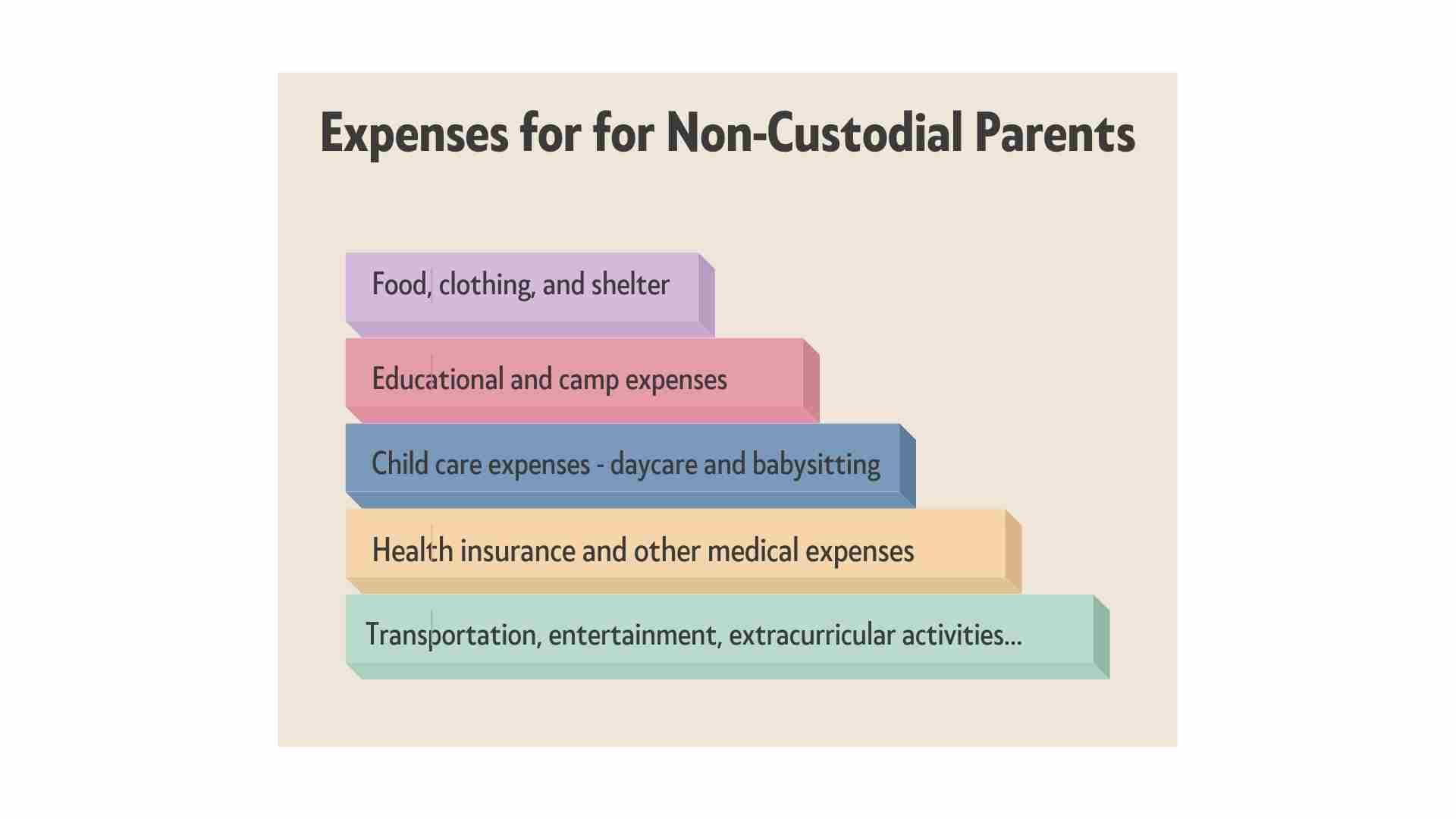 A chart displaying categories of expenses for non-custodial parents: food, clothing, shelter, educational and camp expenses, child care insurance - daycare and babysitting, health insurance,