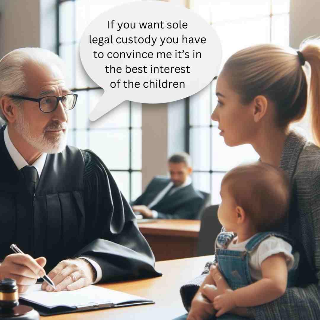 A courtroom scene where a judge is speaking to a woman holding a child.