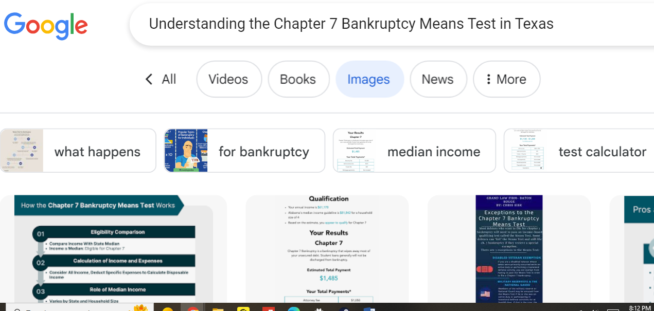 Search engine results page focusing on information about chapter 7 bankruptcy means test calculator in Texas.