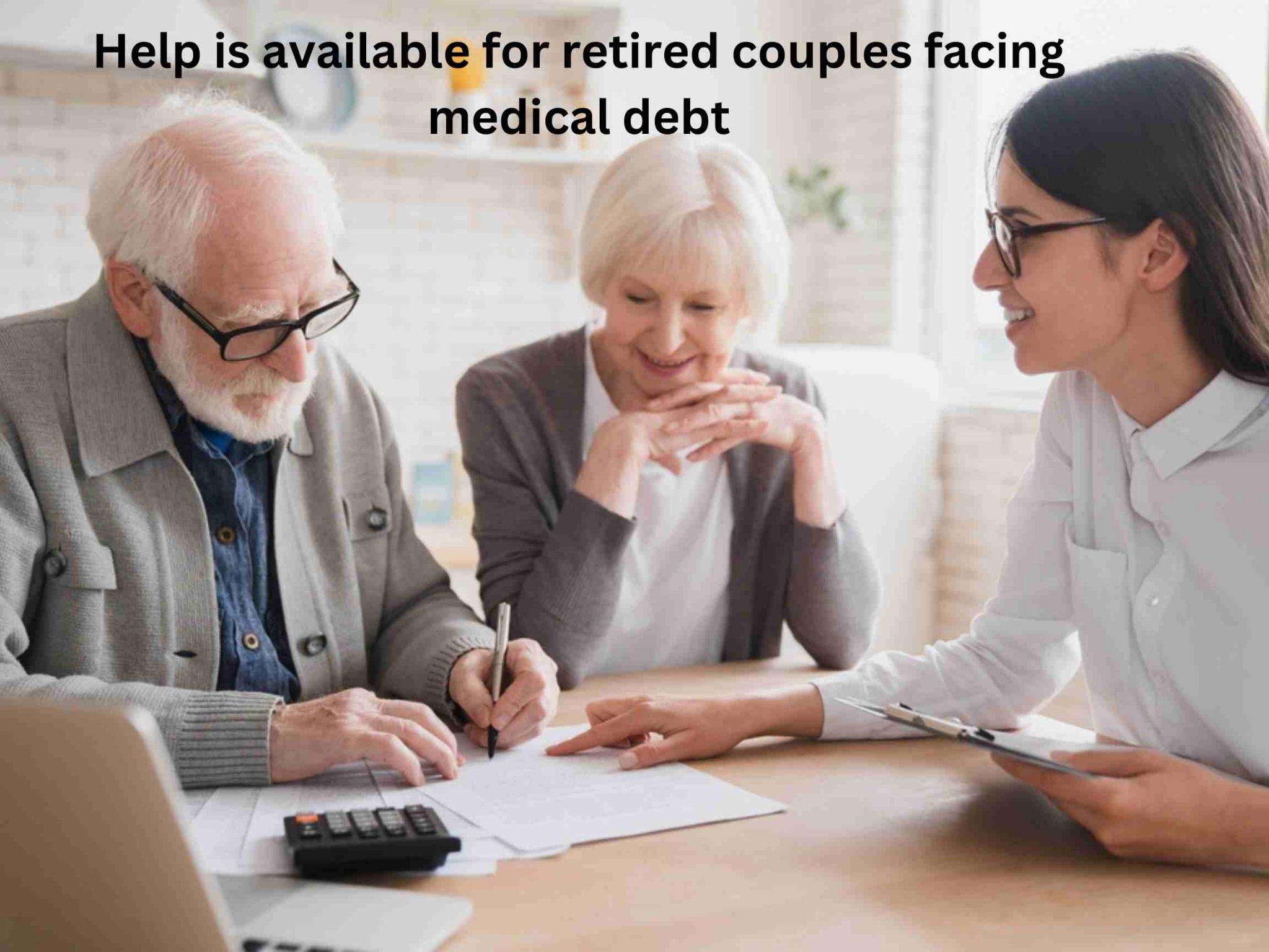 Financial advisor discussing options with a retired couple using a calculator.