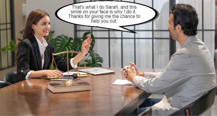 A professional woman is speaking to a seated man in an office setting about, gesturing with a pen and smiling as she addresses him by name, indicating a positive