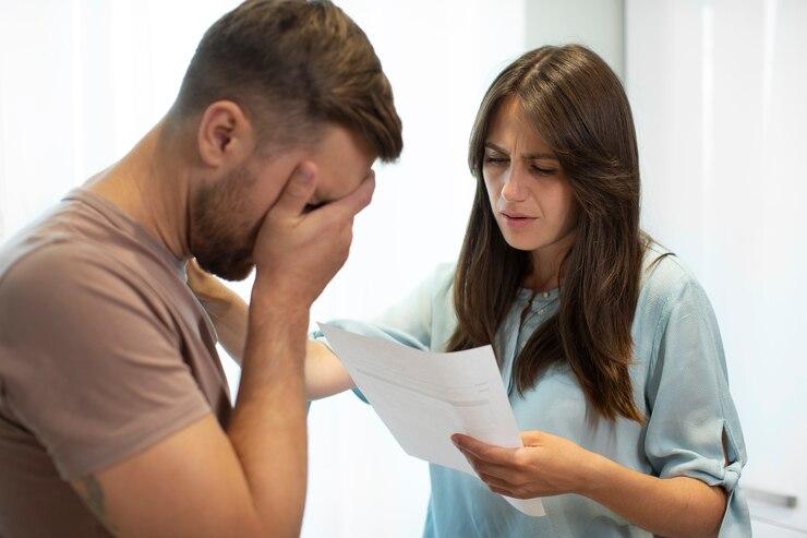 A woman reads a document with a concerned expression while a man beside her facepalms in distress.