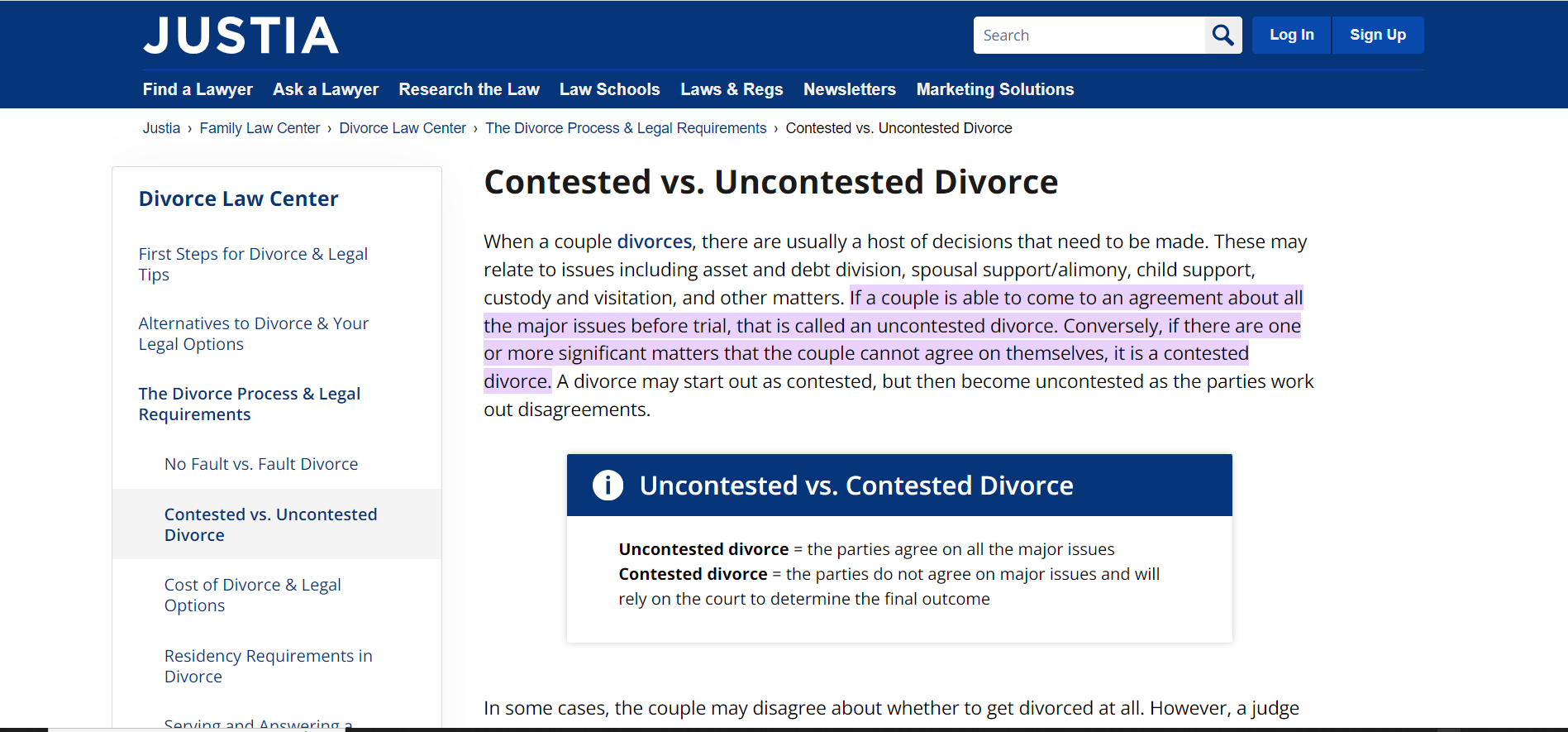 screenshot of Website page detailing the differences between contested and uncontested divorce proceedings in marriage dissolution.