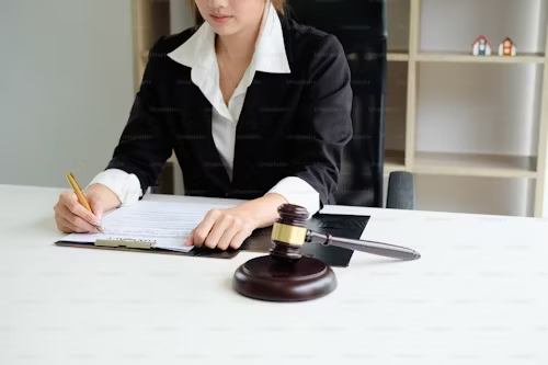 A person in professional attire signing documents at a desk with a gavel visible, suggesting a legal or judicial setting.