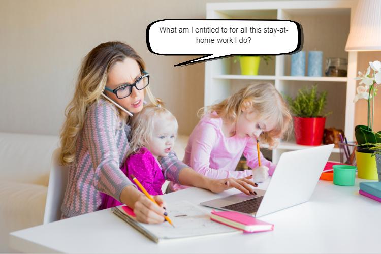 A mother with glasses looks at her laptop while helping two young daughters with their homework at a home office desk asking how much is a wife entitled to in a divorce