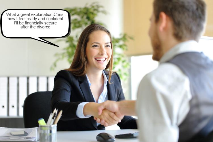 A smiling woman in a business suit shaking hands with a man across a table in an office setting