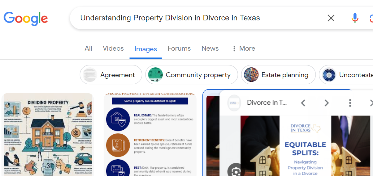 Screenshot of a google search results page for "understanding property division in divorce in Texas," featuring tabs, various article thumbnails, and key insights into wife's entitlement.