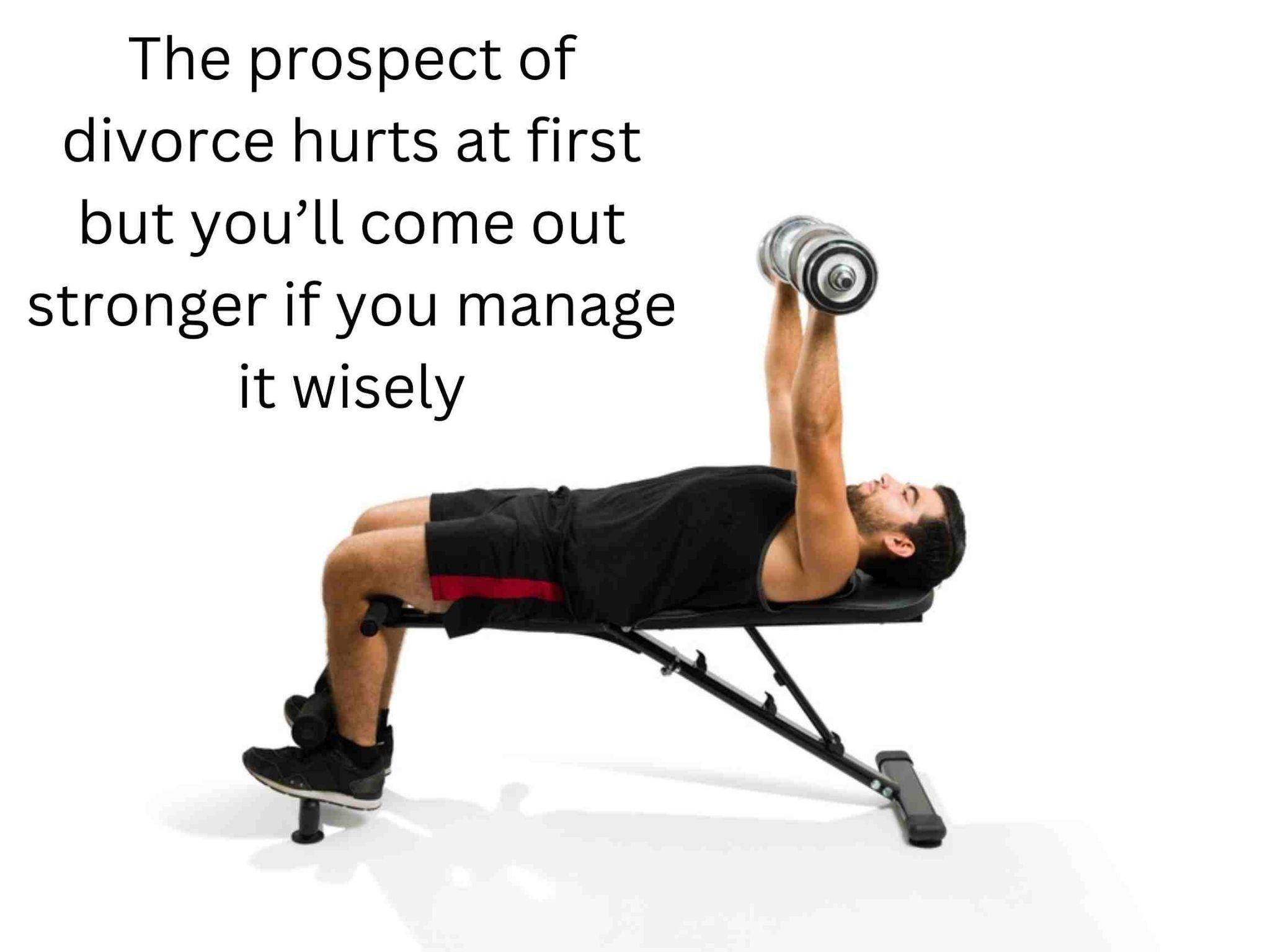 A man lying on a workout bench, lifting a dumbbell with his right arm, set against a white background, with text about overcoming divorce.