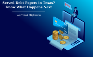 An infographic titled "Served Papers for Debt in Texas? Know What Happens Next" featuring a man sitting on a 3D laptop with financial icons.