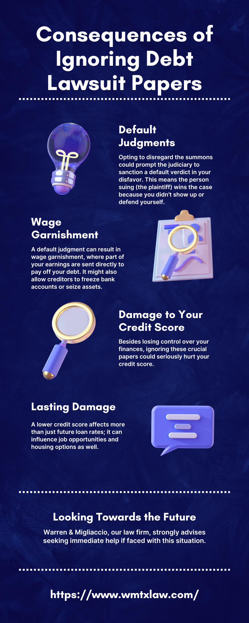 Infographic detailing the consequences of ignoring debt lawsuits in Texas including wage garnishment, damage to credit score, and lasting legal repercussions. Includes a law firm website link.