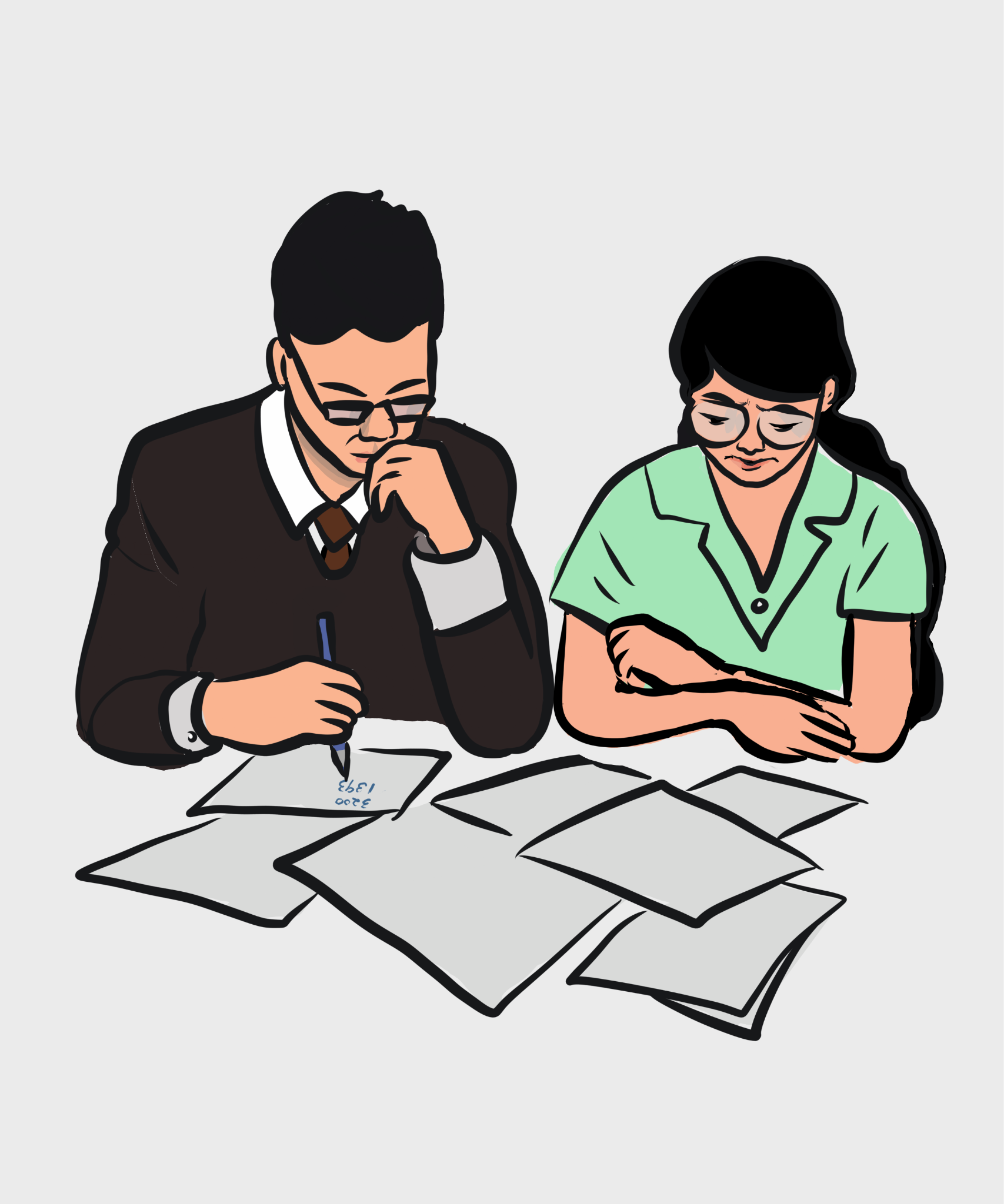 Two professionals, a man in a suit and a woman in a green top, are engaged in reviewing documents related to Texas debt laws at a table.