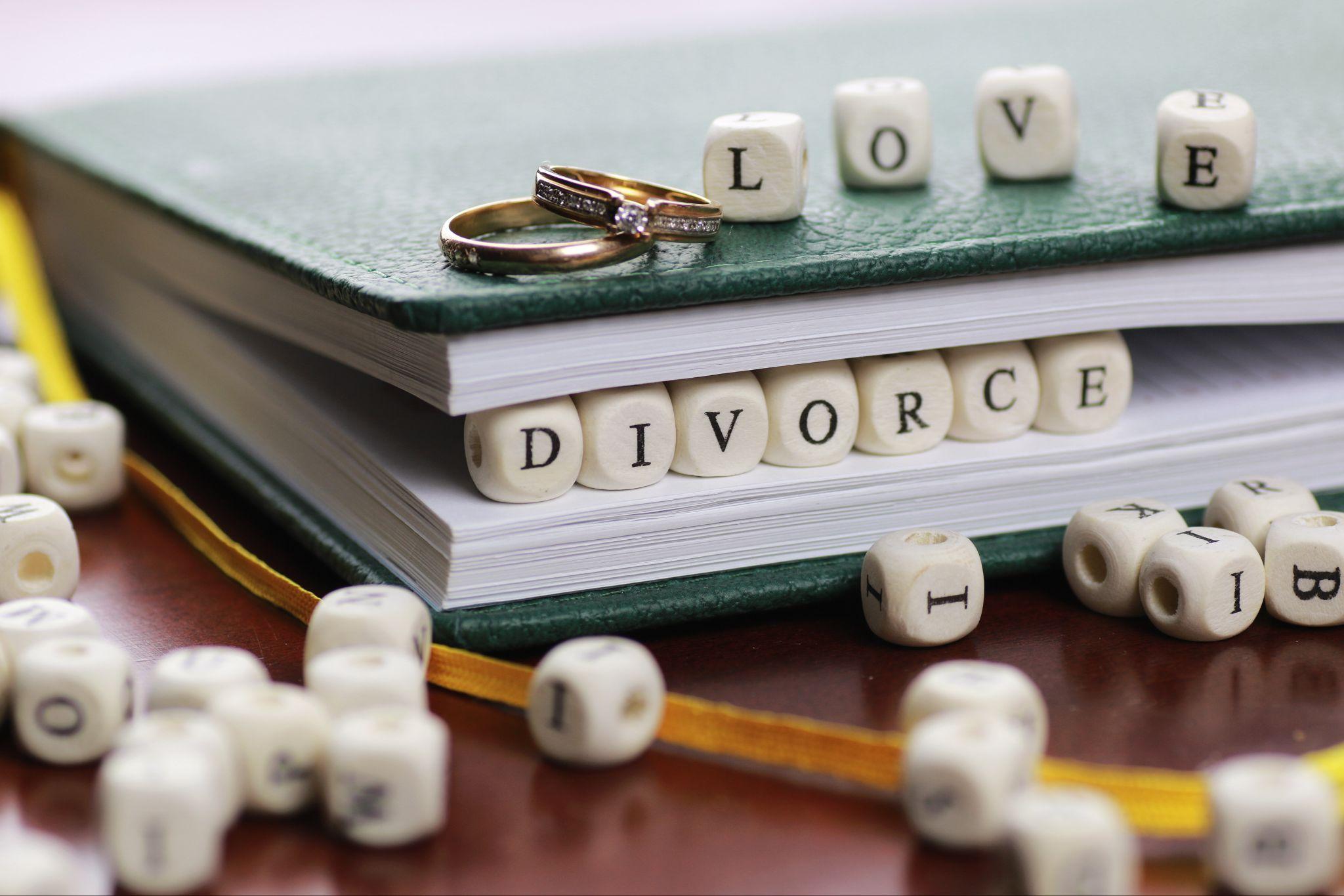 Closed green book labeled "divorce" with wedding rings on it, surrounded by letter beads spelling "love.