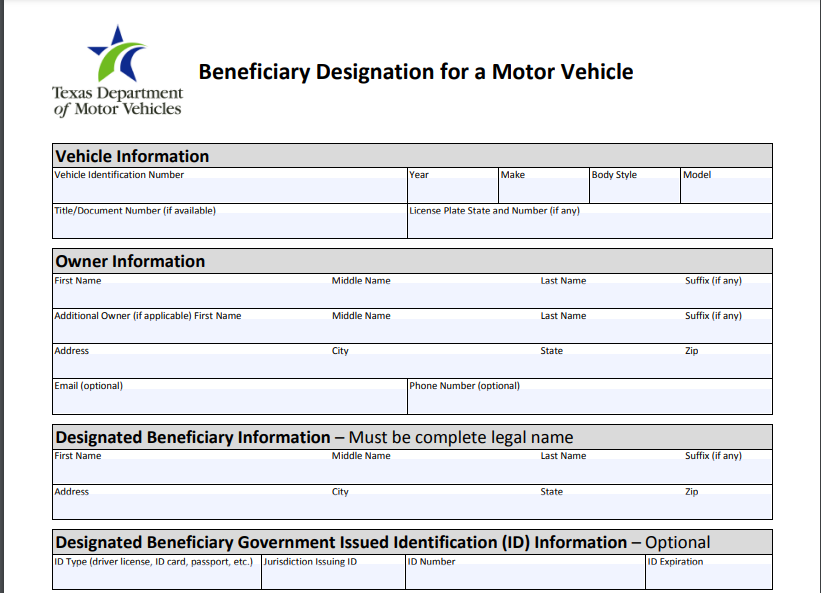 A form titled "Beneficiary Designation for a Motor Vehicle" from the Texas Department of Motor Vehicles, with sections for vehicle, owner, and beneficiary information, and optional ID details.