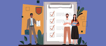 Illustration of a man in a suit on the left, holding a document, and a couple with a baby on the right, standing in front of a large clipboard with checkmarks on it, set against a blue background.