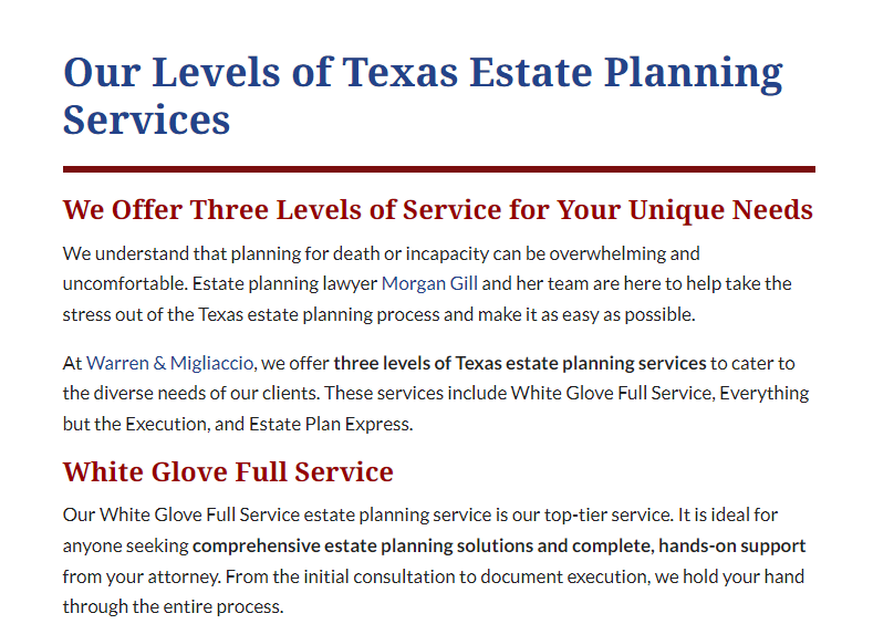Text describing three levels of Texas estate planning services, focusing on White Glove Full Service for comprehensive, hands-on support throughout the estate planning process.