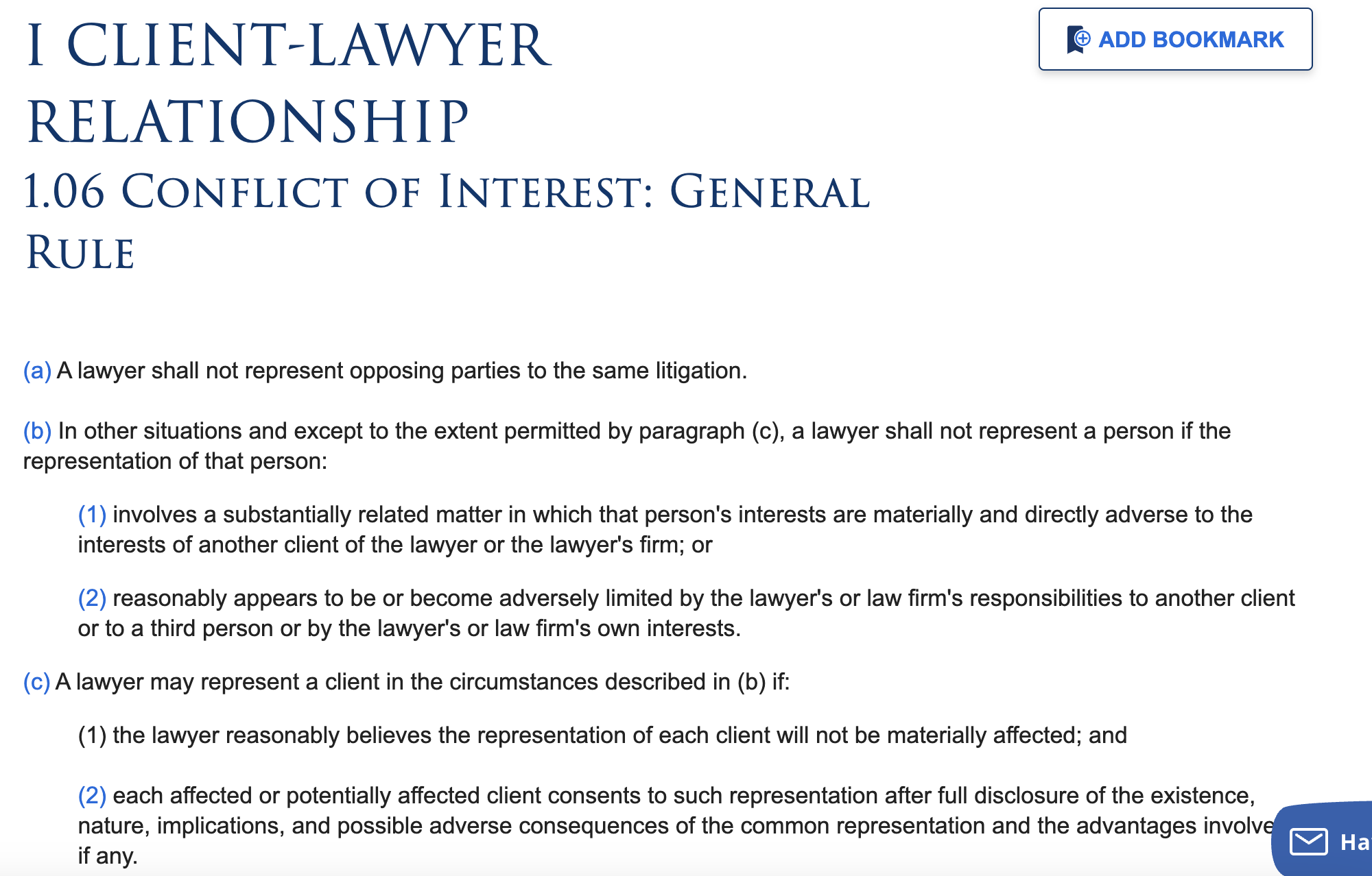 An excerpt from a legal document outlining the rules regarding conflict of interest in client-lawyer relationships as per section 1.06.