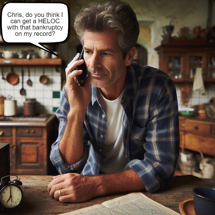 A man in a plaid shirt speaks on the phone in a rustic kitchen. Text on the image reads, "Chris, do you think I can get a HELOC with that bankruptcy on my record?.