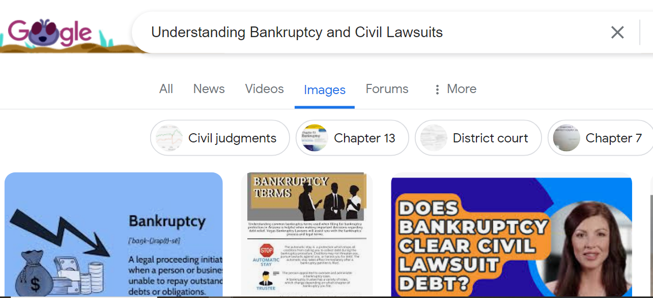 A Google search results page for "Understanding Bankruptcy and Civil Lawsuits" in Texas, featuring image search results and related search tags, including Civil judgments, Chapter 13, District court, and Chapter 7.