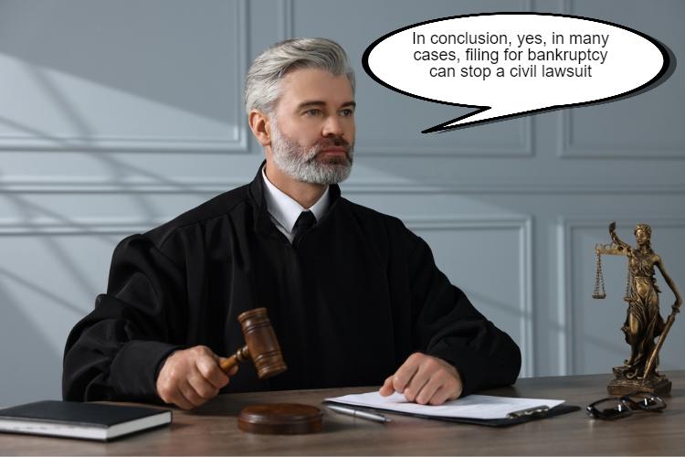 A judge in a robe sits at a desk in Texas, holding a gavel, with a speech bubble that says, "In conclusion, yes, in many cases, filing for bankruptcy can stop a civil lawsuit.