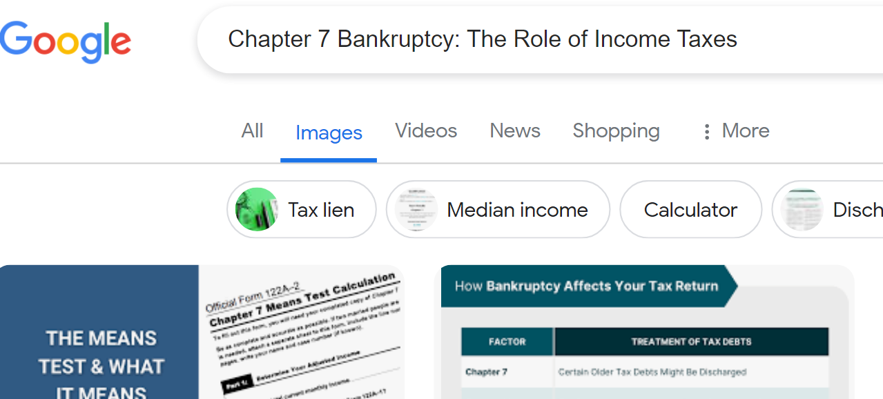 A Google search results page for "Chapter 7 Bankruptcy and Tax Return: The Role of Income Taxes," showing tabs for images, videos, news, shopping, and more, along with related search tags like Tax lien and Median income.